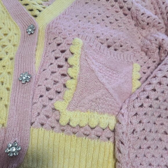ZARA WOMEN CHUNKY KNIT YELLOW PINK RHINESTONE BUTTON CARDIGAN SWEATER SZ MED - Picture 4 of 11